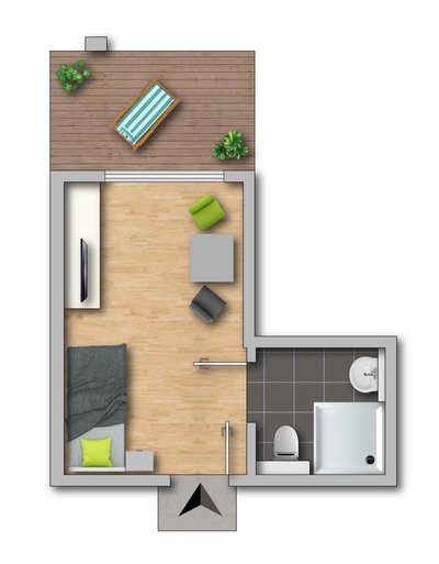 Grundriss mit Wohn-Schlafzimmer, Bad und Balkon