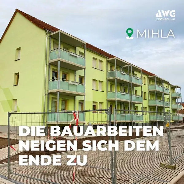 Bauarbeiten am Wohngebäude in Mihla, Text: "Endspurt"