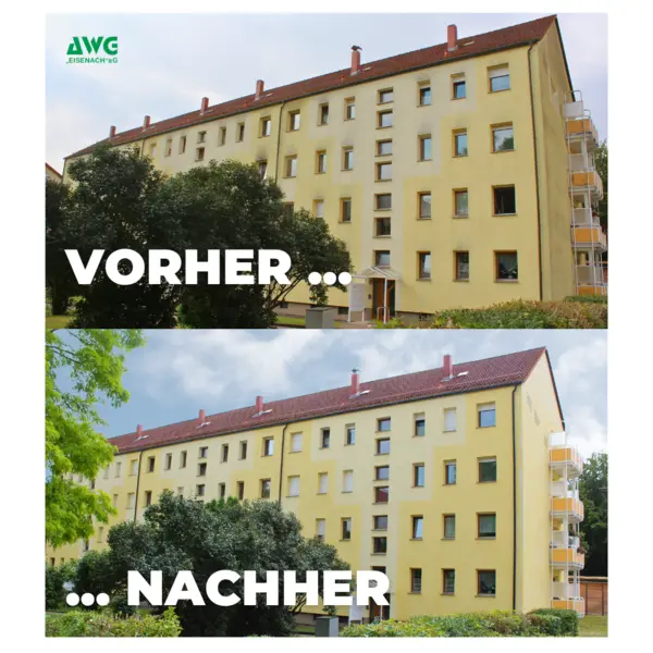 Vorher-Nachher-Bild einer gereinigten Hausfassade