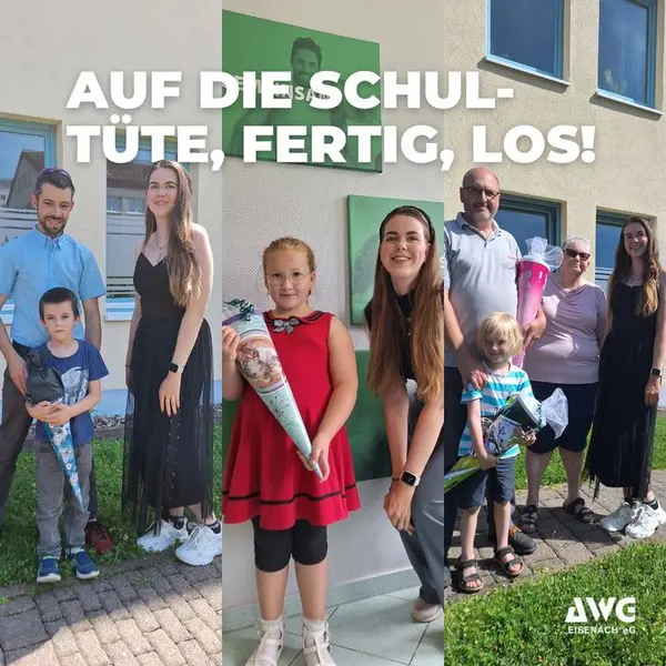 Kinder mit Schultüten, Text: "Auf die Schultüte, fertig, los!"