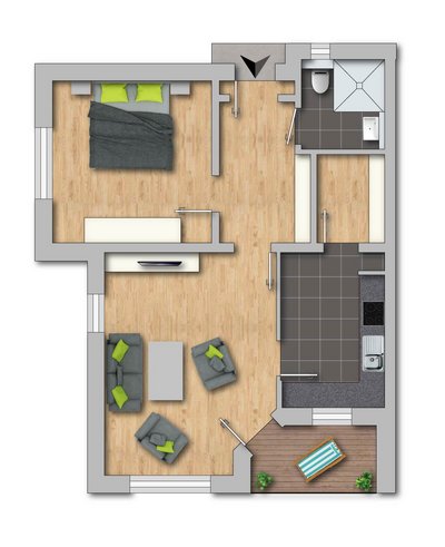 Grundriss mit Schlafzimmer, Wohnzimmer, Küche, Bad und Balkon