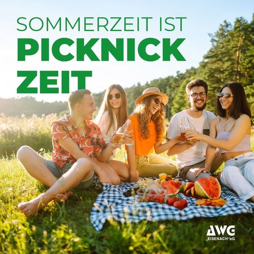 Gruppe beim Sommer-Picknick im Grünen, Text: "Picknick-Zeit"